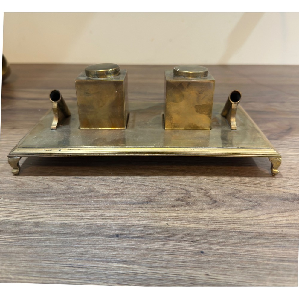 Vintage Brass Double Inkwell Desk Set Tray Pen Holders Gold Tone Executive Decor